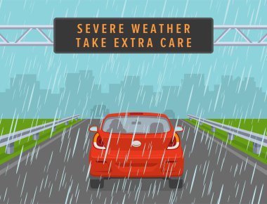 Uyarıdan geçen kırmızı araba otoyolda sergilendi. Yağmurlu hava koşulları. Arkadan bak. Düz vektör resimleme şablonu.