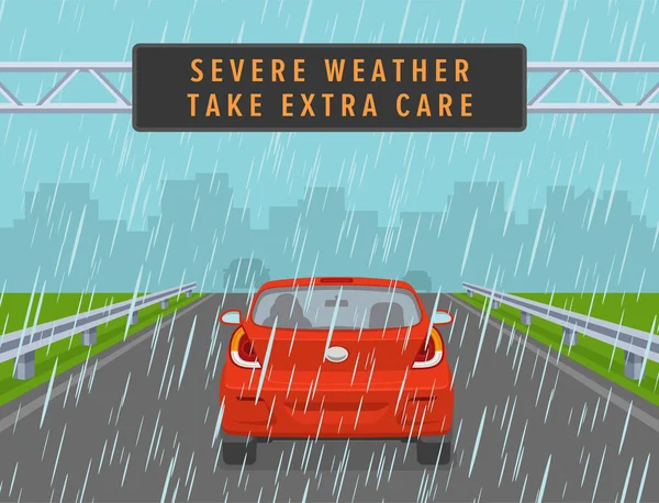 Uyarıdan geçen kırmızı araba otoyolda sergilendi. Yağmurlu hava koşulları. Arkadan bak. Düz vektör resimleme şablonu.