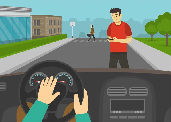 行人的道路安全 男主角在开车前用手机过马路 汽车司机在按喇叭给行人听 平面矢量图解模板 — 图库矢量图片