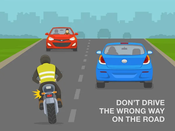 Safe Driving Rules Tips Don Drive Wrong Way Road Motorcycle — Archivo Imágenes Vectoriales