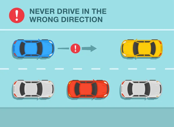 Safe Driving Rules Tips Never Drive Wrong Direction Road Top — ストックベクタ