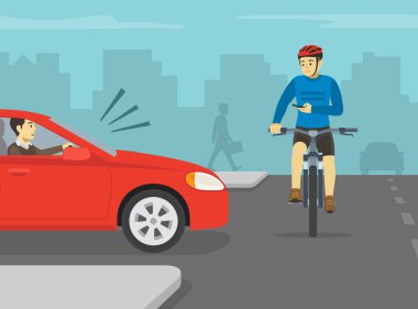 Güvenli bisiklet sürme. Şehir yolundaki telefona bakarken bisikletçiye kırmızı bir sedan araba çarpmak üzere. Bisiklet sürerken cep telefonu kullanmak. Düz vektör resimleme şablonu.