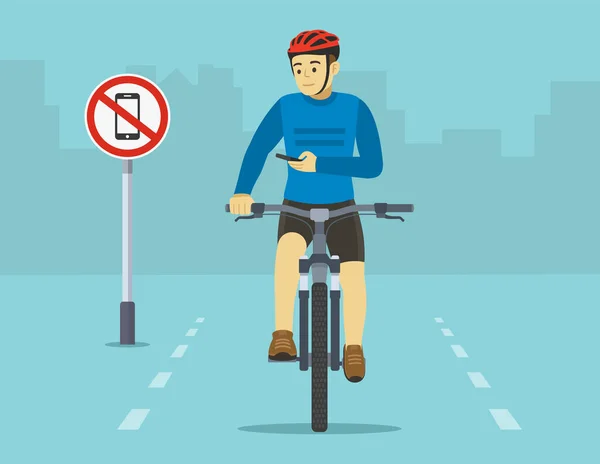 Safe Bicycle Riding Phones Sign City Road Front View Cyclist — Image vectorielle