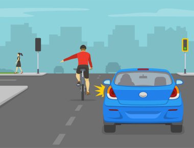 Yollarda trafik yönetmeliği. Güvenli bisiklet sürme. Bisikletçi kavşaktan sola dönüyor. Bisiklet sürerken dönüş hareketini gösteren bir bisikletçinin arka planı. Sola, trafik akışı. Düz vektör illüstrasyonu.