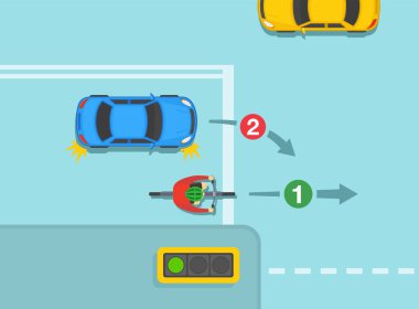 Güvenli bisiklet sürme ve trafik kuralları. Yol ayrımında devam eden yolda bisikletçiye yol vermek. Düz vektör resimleme şablonu.
