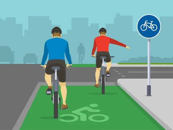 公路交通管理 骑自行车很安全自行车手在自行车道交叉口右转 骑自行车的人在骑自行车时表现出转弯动作的背景色 平面矢量图解 — 图库矢量图片