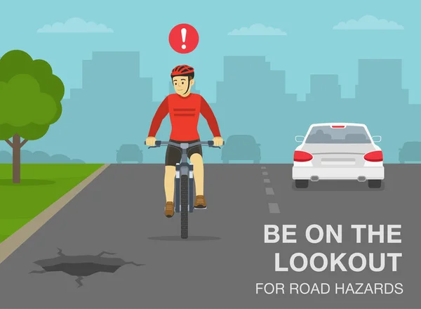 Safe Bicycle Riding Rules Tips Lookout Road Hazards Front View — ストックベクタ