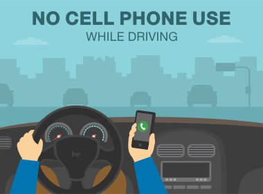 Güvenli sürüş kuralları ve bahşişler. Sürücünün elinde telefon, diğer elinde direksiyon var. Araba kullanırken cep telefonu yasak. Düz vektör resimleme şablonu.
