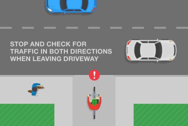 Güvenli bisiklet sürme ve trafik kuralları. Garaj yolunda bir bisiklet var. Garaj yolundan ayrılırken her iki yönde de trafiği kontrol et. Düz vektör resimleme şablonu.