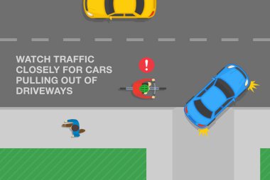 Safe bicycle riding and traffic regulation rules. Watch traffic closely for cars pulling out of driveways. Flat vector illustration template.