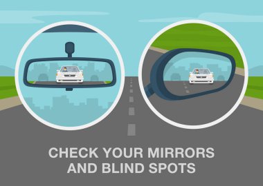 Safe driving rules and tips. Check your mirrors and blind spots. Close-up view of a vehicle wing nd rear mirrors. Back view. Flat vector illustration template.