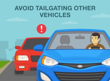 Safe driving rules and tips. Avoid tailgating other vehicles. Young male driver looking at rear mirror while driving a car. Flat vector illustration template.