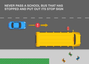 Safe driving rules and tips. Never pass a school bus that has stopped and put out its stop sign. Top view of a school bus on city road. Flat vector illustration template.