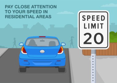 Güvenli sürüş kuralları ve bahşişler. Konut alanlarında hızınıza dikkat edin. Konut alanında ya da yaşayan caddede hız limiti tabelasının yakın görüntüsü. Düz vektör resimleme şablonu.