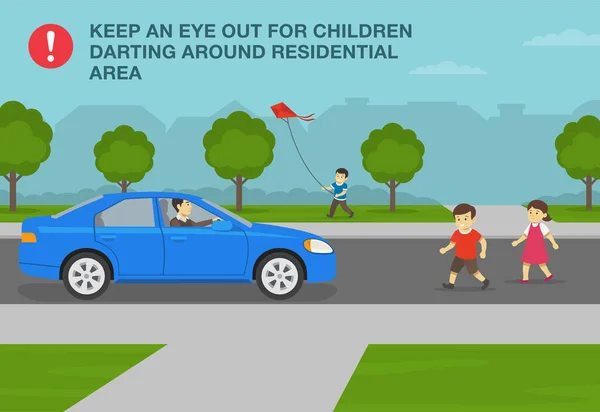 Safe Driving Rules Tips Kids Running Neighborhood Road Keep Eye — ストックベクタ