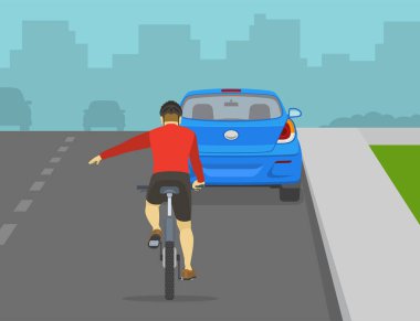 Trafik kuralları ve bahşişler. Güvenli bisiklet sürme. Bisiklet sürerken dönüş hareketini gösteren bir bisikletçinin arka planı. Bisiklet sürücüsü park halindeki arabayı geçiyor. Düz vektör illüstrasyonu.