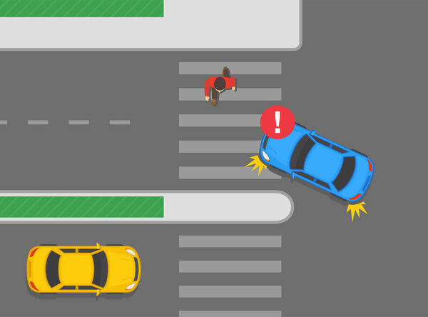 Safety car driving and traffic regulation rules. Wrong turn position on multi-lane roads. Left turn when there is a pedestrian on crosswalk. Flat vector illustration template.
