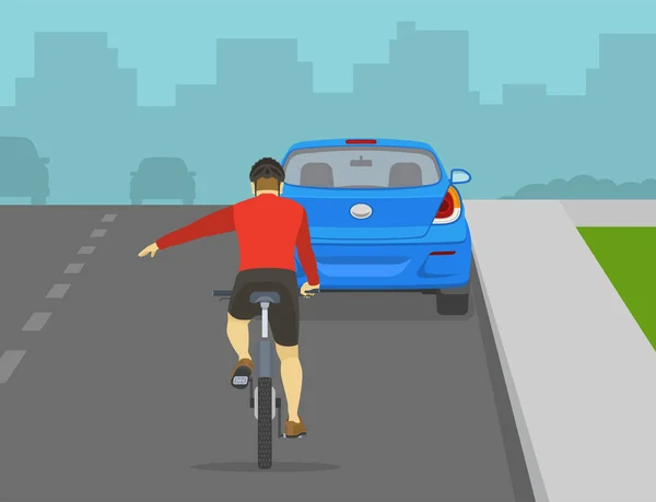 交通規制のルールとヒント 安全な自転車に乗る サイクリング中に旋回ジェスチャーを示すサイクリストのバックビュー 自転車のライダーは 駐車車を渡します 平面ベクトル図 — ストックベクタ