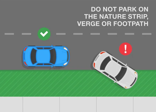 車を運転する 屋外駐車場のルールとヒント 自然のストリップ 端や歩道に駐車しないでください 正しく 間違って駐車車のトップビュー 平面ベクトル図テンプレート — ストックベクタ