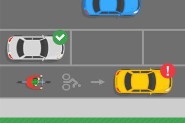 Açık hava park kuralları ve bahşişler. Bisiklet şeritlerinde park etmek trafik veya yol kuralı yok. Doğru ve yanlış park edilmiş arabaların üst görüntüsü. Düz vektör resimleme şablonu.