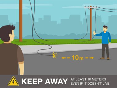 Devrilmiş elektrik hattı güvenlik kuralı. Bir elektrik hattı düşerse nasıl tepki vereceğimi. Canlı görünmese bile en az 10 metreden uzak durun. Adam jesti durduruyor. Düz vektör resimleme şablonu.