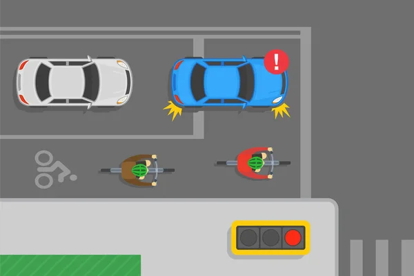Pravidla Silničního Provozu Bezpečné Jízdní Tipy Kole Modrý Sedan Auto — Stockový vektor