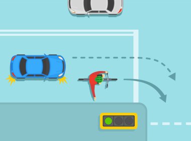 Güvenli bisiklet sürme ve trafik kuralları. Sağa dönerken kavşaktaki bisikletçiye yol vermek. Sağa dön, trafik ışığını yak. Düz vektör resimleme şablonu.