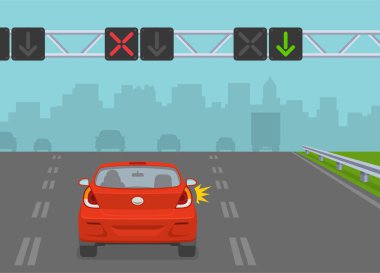 Araba sürüyorum. Otobanda kırmızı sedan araba ve şerit kontrol ışıkları. Güvenli sürüş ve trafik kuralları. Düz vektör resimleme şablonu.