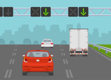 Araba sürüyorum. Otobanda şerit ışıkları olan bir trafik akışı. Güvenli sürüş ve trafik kuralları. Düz vektör resimleme şablonu.
