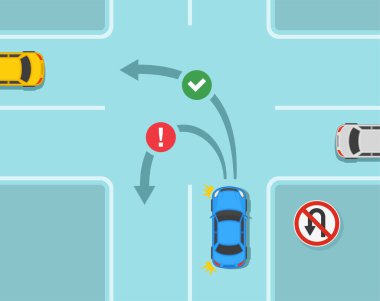 Güvenli araba kullanma ipuçları ve trafik kuralları. Yol ayrımında U dönüşü işareti yok. Düz vektör resimleme şablonu.