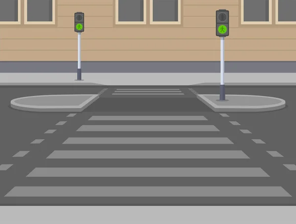 斑马穿过一个中央岛屿和红绿灯 空荡荡的城市街道 平面矢量图解模板 — 图库矢量图片