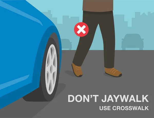 歩行者安全と車の運転規則 男は青い車の前で直接道路を横断 ジャヤウォークするな横断歩道を使うんだ フロントタイヤのクローズアップビュー 平面ベクトル図テンプレート — ストックベクタ