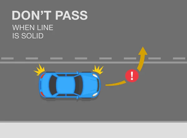 安全運転のヒントや交通規制のルール 路線の使用 線が固いときは通過しないでください 都市道路上の車両のトップビュー 平面ベクトル図テンプレート — ストックベクタ