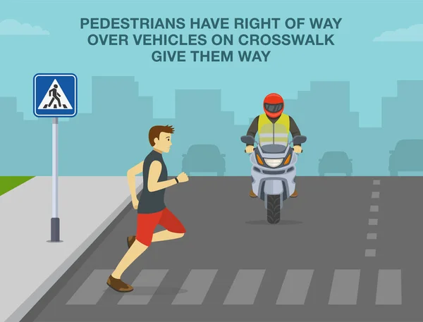 安全な運転規則とヒント 歩行者は横断歩道上の車両の上の道の権利を持っている 彼らに道を与える バイクの前で横断歩道を走る男性キャラクター 平面ベクトル図 — ストックベクタ