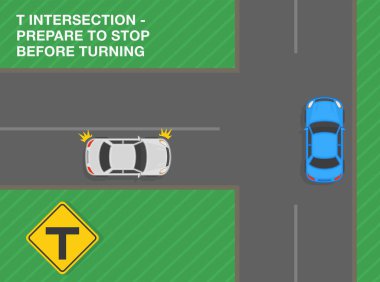 Güvenli sürüş ipuçları ve trafik kuralları. T kavşağı, dönmeden önce durmaya hazırlan. Yol işareti demek. Şehir yolunun en üst manzarası. Düz vektör resimleme şablonu.