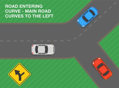 Güvenli sürüş ipuçları ve trafik kuralları. Yol viraja giriyor, ana yol sola dönüyor. Yol işareti demek. Şehir yolunun en üst manzarası. Düz vektör resimleme şablonu.