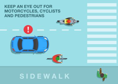 Güvenli sürüş ipuçları ve trafik kuralları. Motosikletlilere, bisikletçilere ve yayalara dikkat edin. Şehir yolunun en üst manzarası. Düz vektör resimleme şablonu.