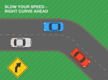 Güvenli sürüş ipuçları ve trafik kuralları. Hızını yavaşlat, sağa dön. Yol işareti demek. Şehir yolunun en üst manzarası. Düz vektör resimleme şablonu.
