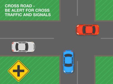 Güvenli sürüş ipuçları ve trafik kuralları. İleride çapraz trafik ve sinyaller için tetikte olun. Yol işareti demek. Şehir yolunun en üst manzarası. Düz vektör resimleme şablonu.