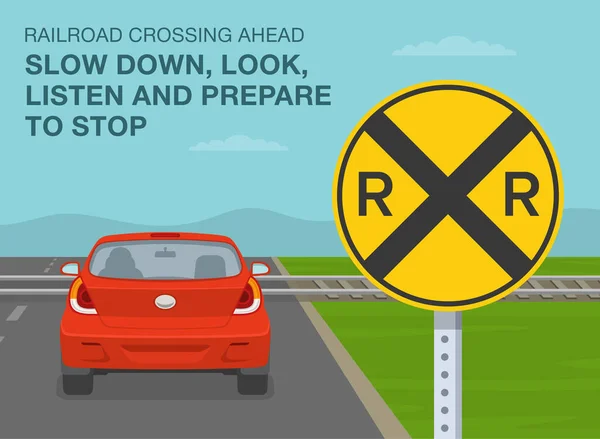 Safe Driving Tips Traffic Regulation Rules Railroad Crossing Ahead Slow — ストックベクタ