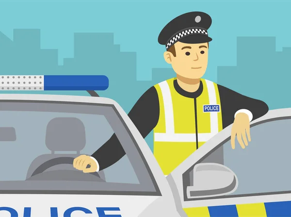 Close Front View Police Officer Leaning Car Door Flat Vector — Stockvektor