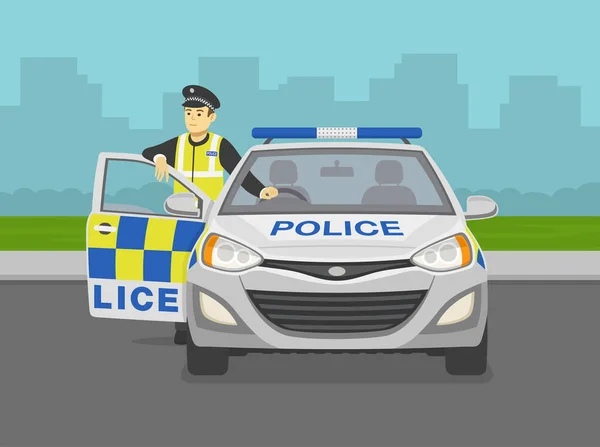 Вид Спереду Співробітника Поліції Спирається Двері Автомобіля Припаркована Поліцейська Машина — стоковий вектор