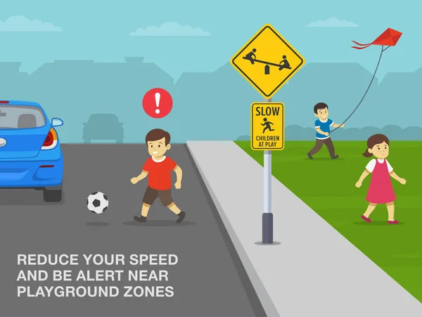 Safe Driving Tips Rules Happy Kids Playing City Road Slow — ストックベクタ