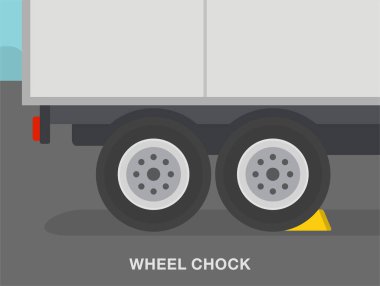 Heavy vehicle driving tips and safety rules. Close-up view of wheel stopper or chock. Flat vector illustration template.
