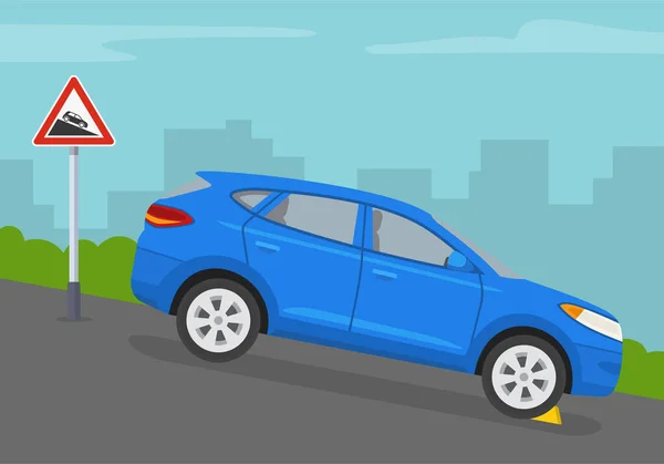 Safe Driving Rules Tips Steep Descent Warning Sign Wheel Block — Image vectorielle
