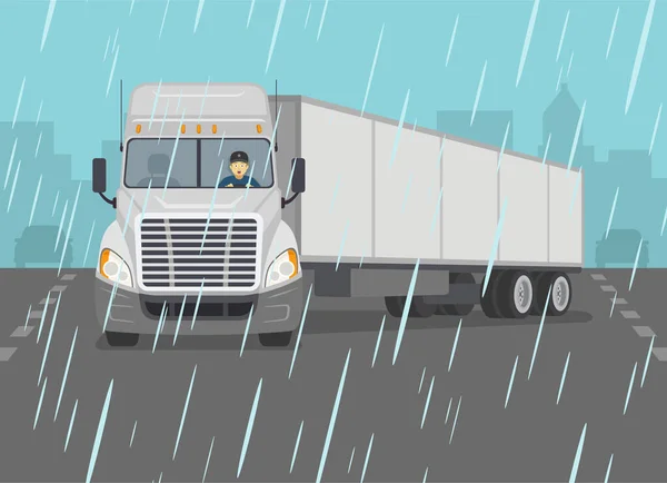Veilige Auto Rijden Regenachtige Dag Vooraanzicht Van Een Vrachtwagen Glijden — Stockvector