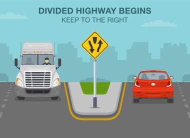 Güvenli sürüş ipuçları ve trafik kuralları. Bölünmüş otoyol başlıyor, sağda kalın. Şehir otobanında trafik akışı. Düz vektör resimleme şablonu.