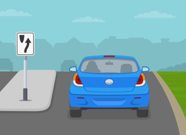 Güvenli sürüş ipuçları ve trafik kuralları. Trafik adalarının sağında kalın yoksa tıkanıklık olur. Bölünmüş yolda mavi bir arabanın arka görüntüsü. Düz vektör resimleme şablonu.