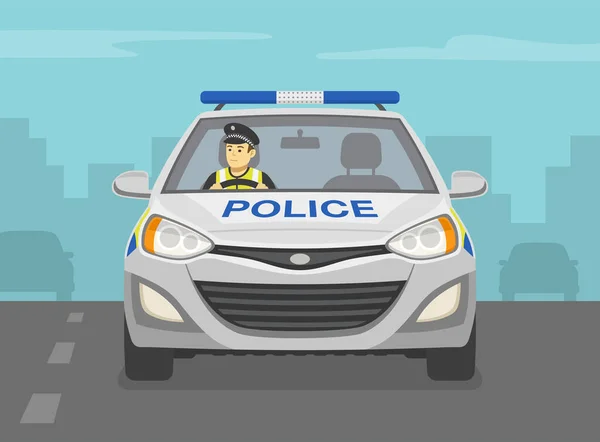 Europejski Policjant Prowadzący Samochód Drodze Miejskiej Kontrola Prędkości Ruchu Przodu — Wektor stockowy