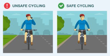Güvenli bisiklet sürme kuralları ve bahşişler. Güvenli olmayan ve yolda bisiklet süren. Bisiklet sürerken telefonla konuşan bir bisikletlinin ön görüntüsü. Düz vektör resimleme şablonu.